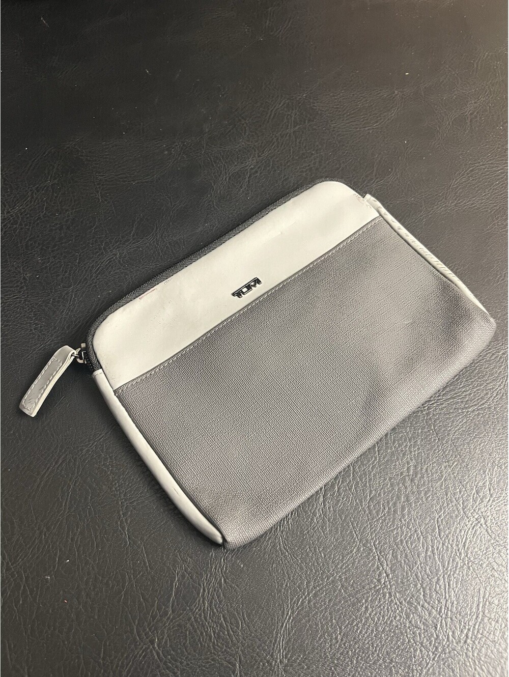 TUMI for Delta Small Personal Toiletries Travel Bag Zip Up Gray And Black 6.5”